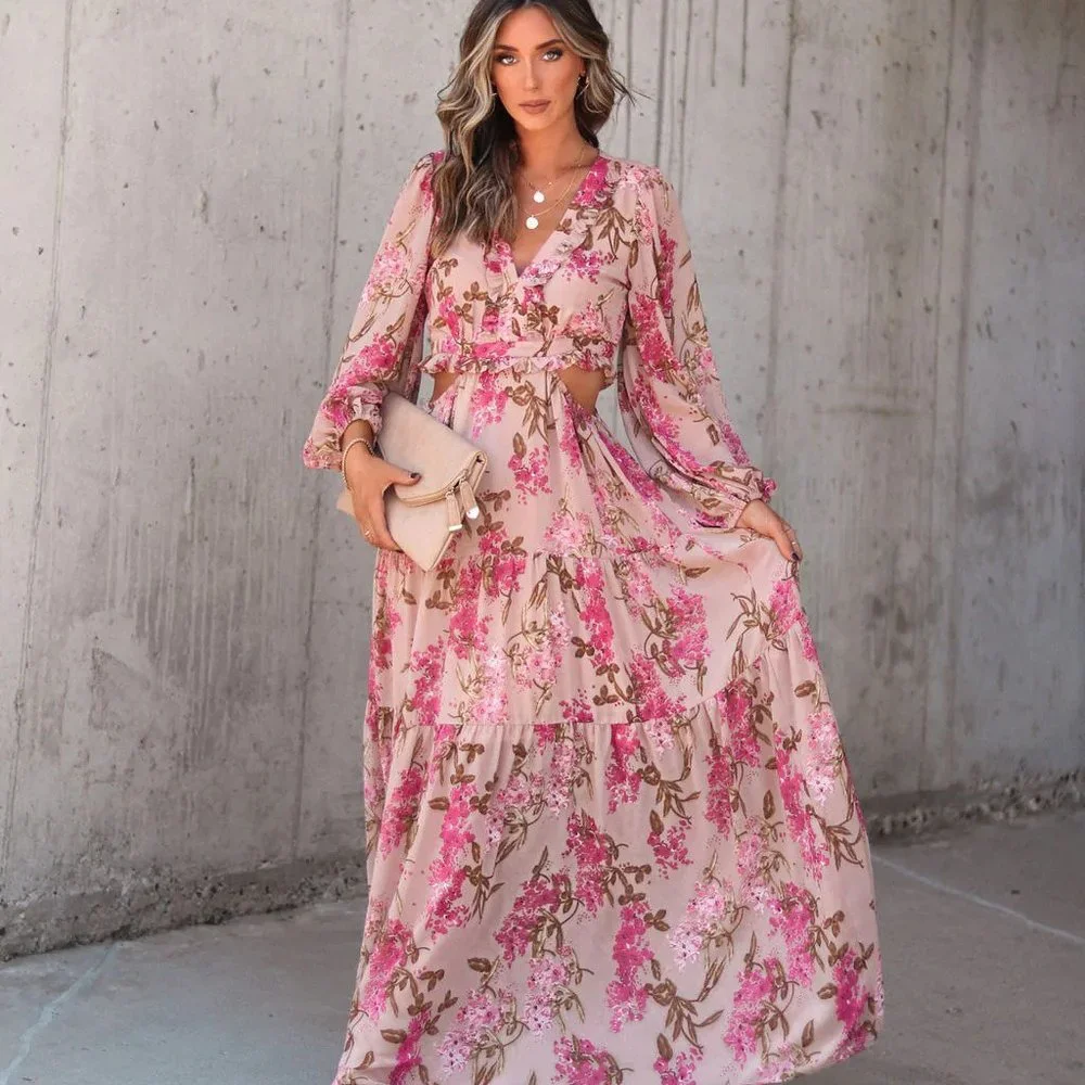 VINEYARD ROMANCE FLORAL SIDE CUTOUT MAXI DRESS - Picture 3 of 5